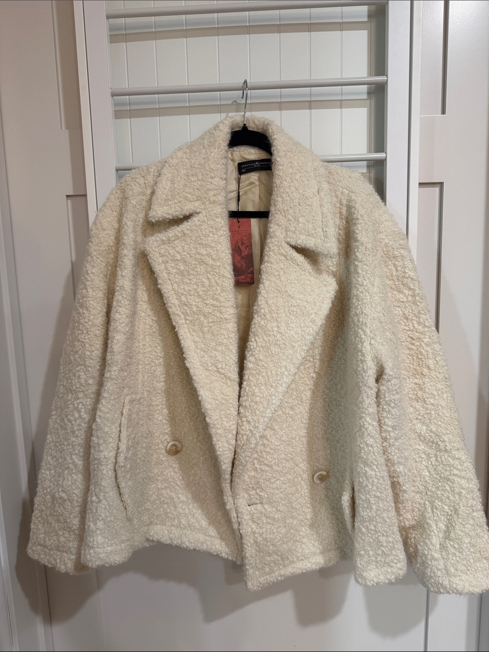 Peruvian Connection Cream Teddy Jacket with Double-Breasted Front